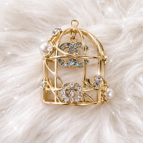 Upcycled Jewelry - Chanel Bird Cage Gold tone charm with Pearls and Blue Accents